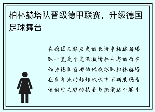 柏林赫塔队晋级德甲联赛，升级德国足球舞台